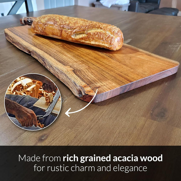 Acacia Charcuterie Board with Natural Live Edge & Handle - Wood Cheese Board - Decorative Wooden Serving & Cutting Board - Housewarming, Mothers Day, New Home & Wedding Gifts (XL - 24” x 10”)