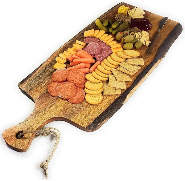 Acacia Charcuterie Board with Natural Live Edge & Handle - Wood Cheese Board - Decorative Wooden Serving & Cutting Board - Housewarming, Mothers Day, New Home & Wedding Gifts (XL - 24” x 10”)