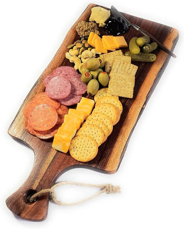 Acacia Charcuterie Board with Natural Live Edge & Handle - Wood Cheese Board - Decorative Wooden Serving & Cutting Board - Housewarming, Mothers Day, New Home & Wedding Gifts (18” x 8”)