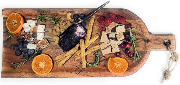 Acacia Charcuterie Board with Drip Edge & Handle - Wood Cheese Board - Decorative Wooden Serving & Cutting Board - Housewarming, Mothers Day, New Home & Wedding Gifts (20” x 8”)