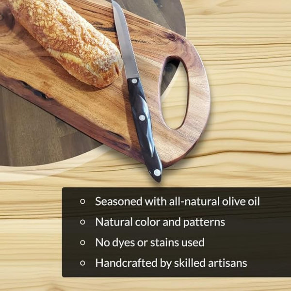 Premium Natural Live Edge Acacia Serving Cutting Charcuterie Board With Round Handle