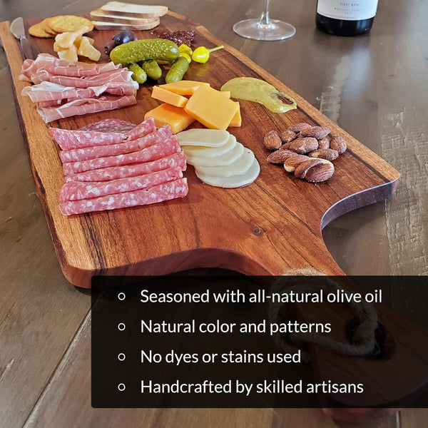 Acacia Charcuterie Board with Natural Live Edge & Handle - Wood Cheese Board - Decorative Wooden Serving & Cutting Board - Housewarming, Mothers Day, New Home & Wedding Gifts (XL - 24” x 10”)